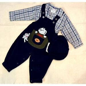 Vintage 90s MGM Kid's Fashion Overalls Set Boys 18M Corduroy Plaid Dalmatian Dog